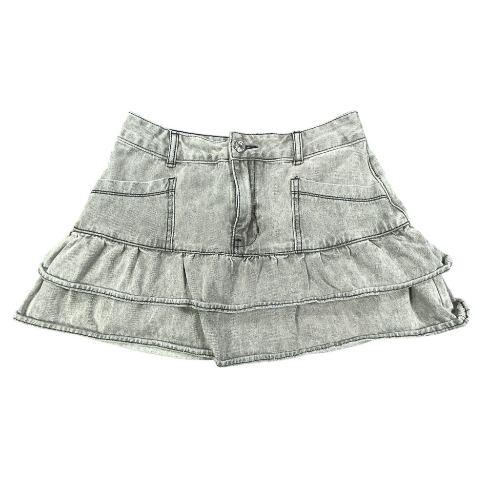 ROMWE‎ Skirt Womens Small Gray Chambray Layer Mini Wash Fade Pockets Cute Chic